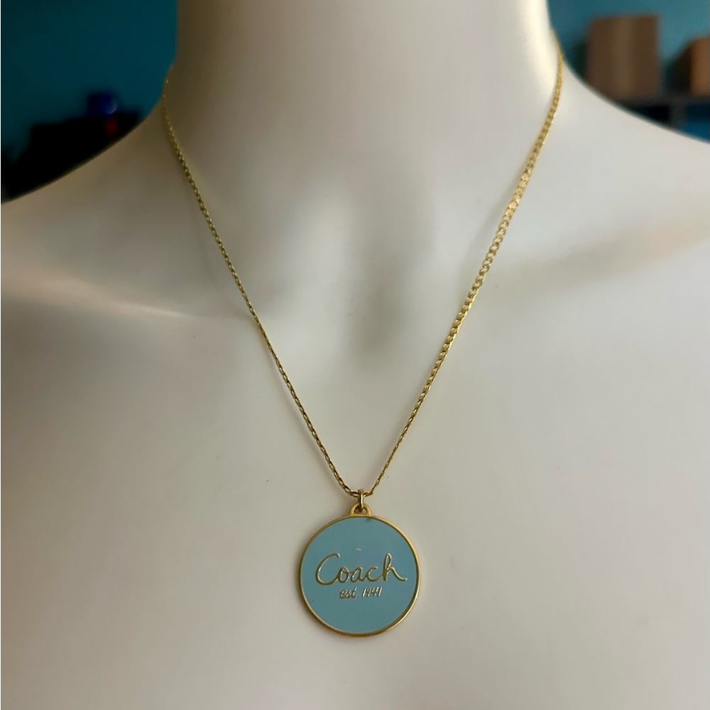 Coach Large Powder Blue Medallion Pendant 18k/.925 Necklace - Picture 2 of 6
